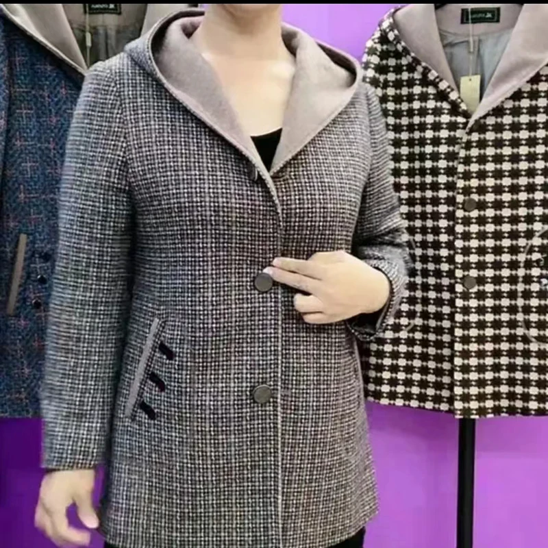 新款冬季外套中长款时尚洋气妈妈装中老年连帽格子网红气质休闲