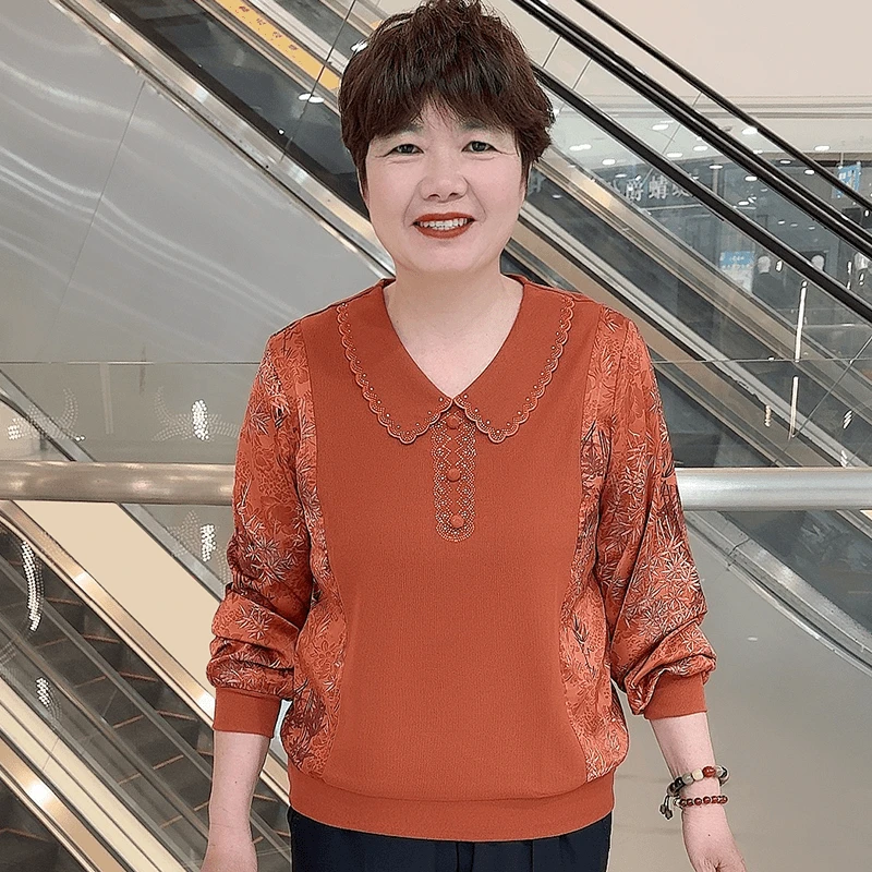 319+秋季中老年洋气妈妈装新中式简约拼接复古百搭长袖上衣