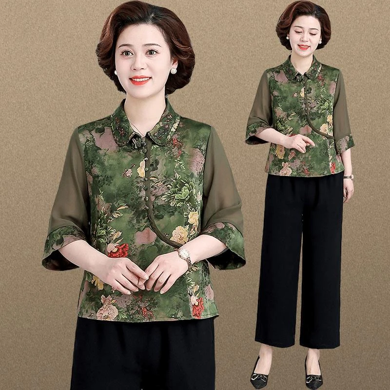 妈妈气质雪纺衫中国风唐装女新款洋气中老年人女夏装套装50岁60