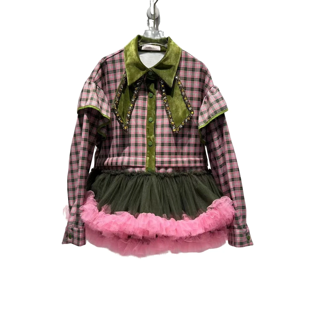 新款拼接纱纱长袖连衣裙冬季设计师女装