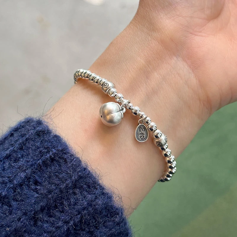 925银手链 925纯银事事如意手链手工弹力绳设计ins风柿子圆