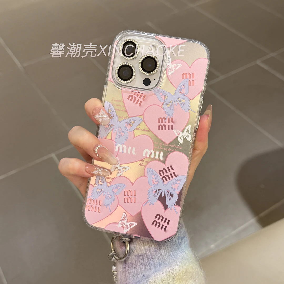 【烫银爱心蝴蝶miu】适用苹果16promax 14 13 12 11手机壳全包软边