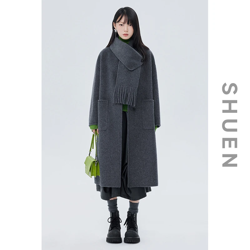 束恩重磅绵羊毛围巾领双面呢大衣2025长款一粒扣灰色外套女秋冬季