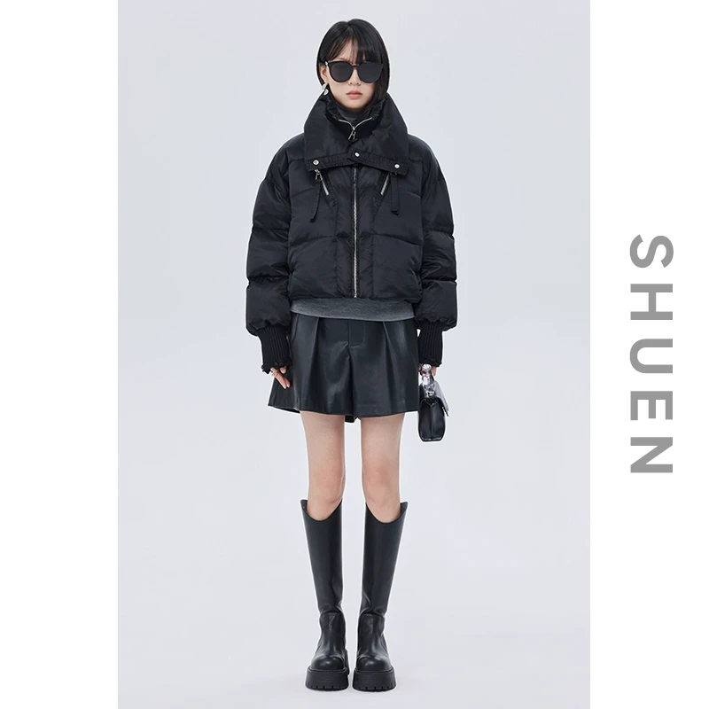 蚕丝90白鸭绒加厚短款外套2025双层领破洞黑色长袖羽绒服女款冬季