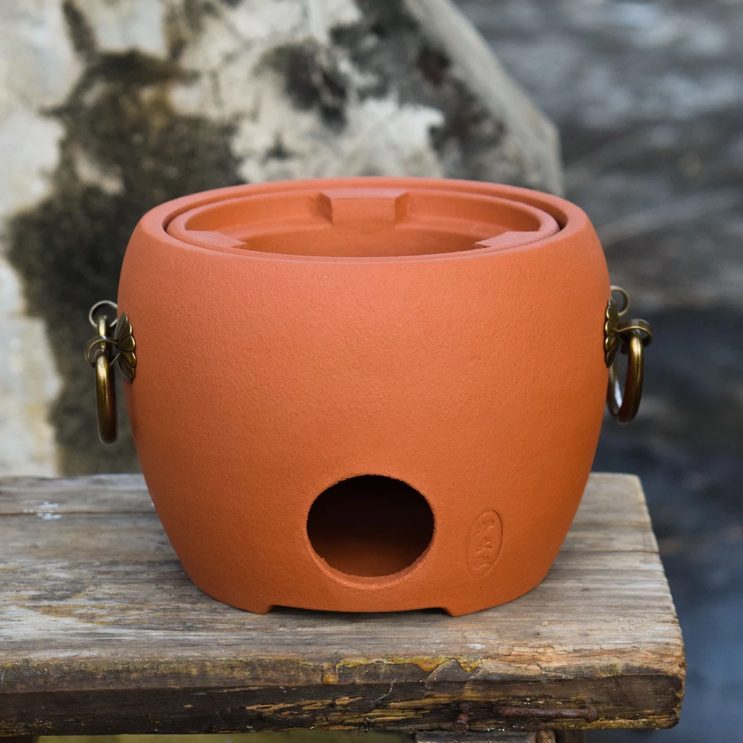 【新款铜耳鼓炉】潮州炭炉红泥工夫茶炉橄榄碳炉潮汕砂铫茶具