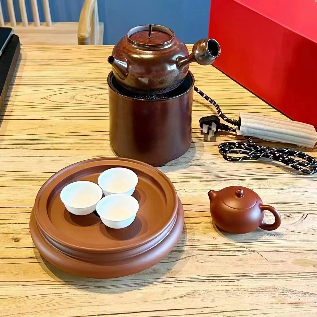 潮州明德园手工朱泥拉胚跳盖砂铫壶电陶炉煮茶烧水工夫茶礼盒套装