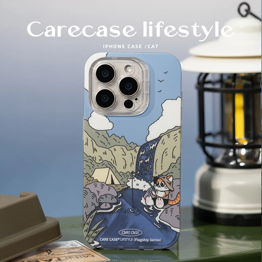 CARECASE 瀑布垂钓猫咪手机壳 适用于苹果iPhone15 14 13 Pro Max