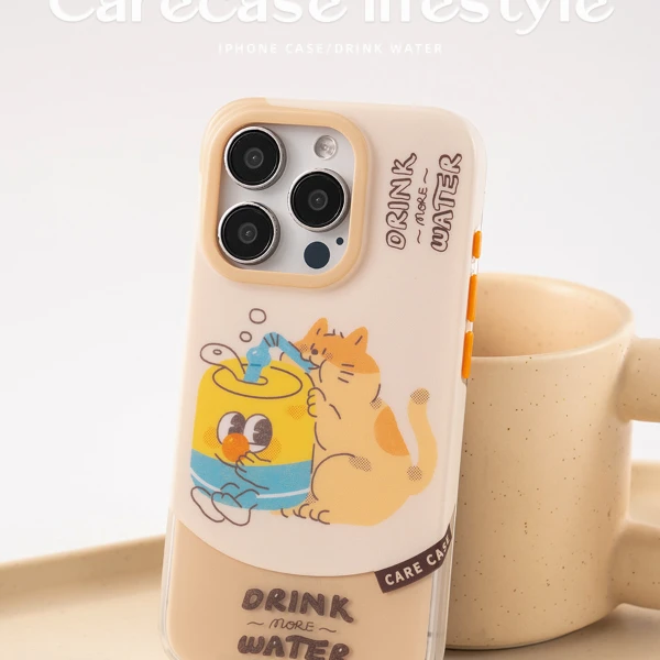 carecase猫咪喝水双层手机壳 适用于苹果15 14 13ProMax独立按键