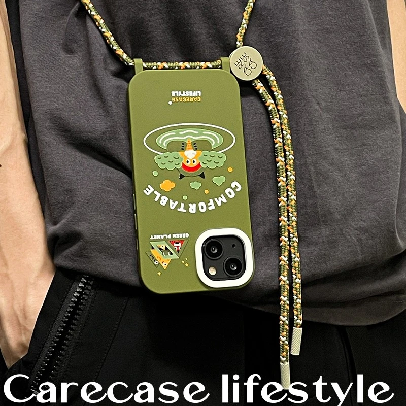 CARECASE 绿色露营小怪兽挂绳手机壳 适用于iPhone16 15 14ProMax