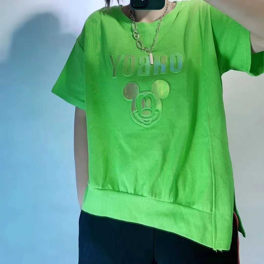 潮牌2023夏季新款宽松百搭卡通凹凸工艺女士个性短袖前短后长卫衣