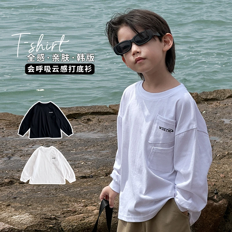 【白现】童装春秋装男童白色长袖t恤宽松上衣儿童打底衫男孩23250