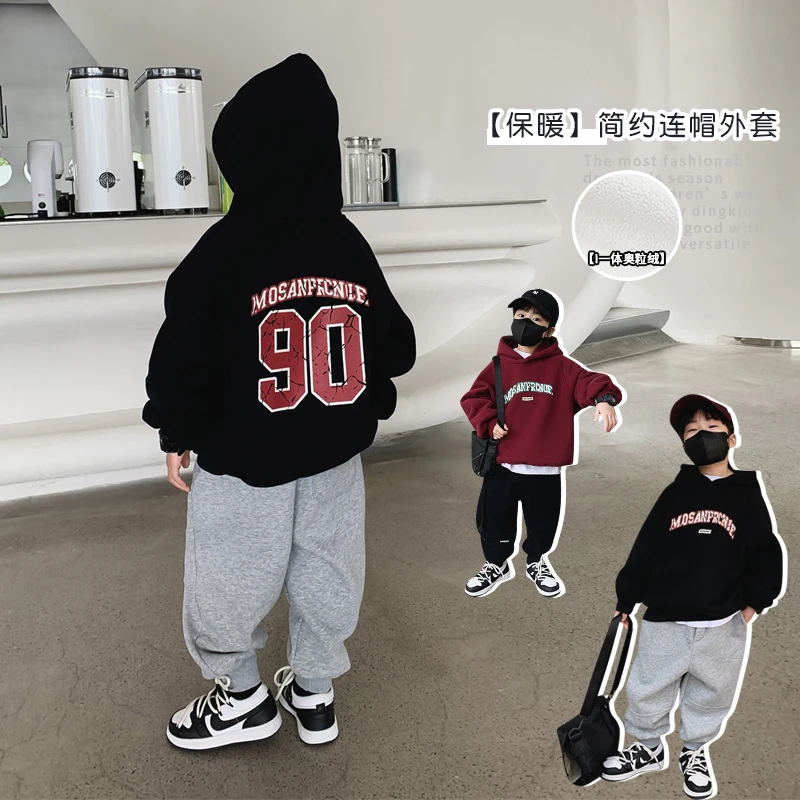 儿童加绒连帽卫衣宝宝加厚上衣男童一体绒童装潮22416