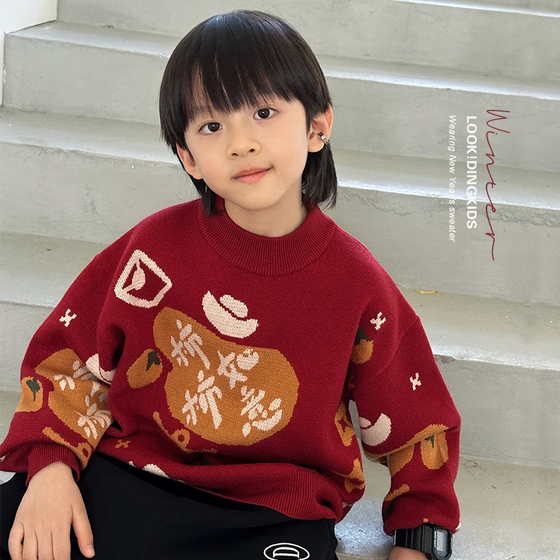 新年儿童红色毛衣男童新年喜庆衣服冬季2023新款男孩针织衫23493