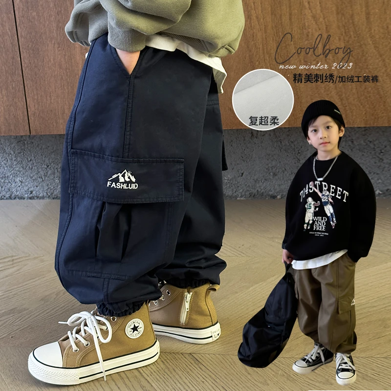 叮叮家男童加绒工装裤春款新款童装儿童加厚休闲裤帅气男孩3251