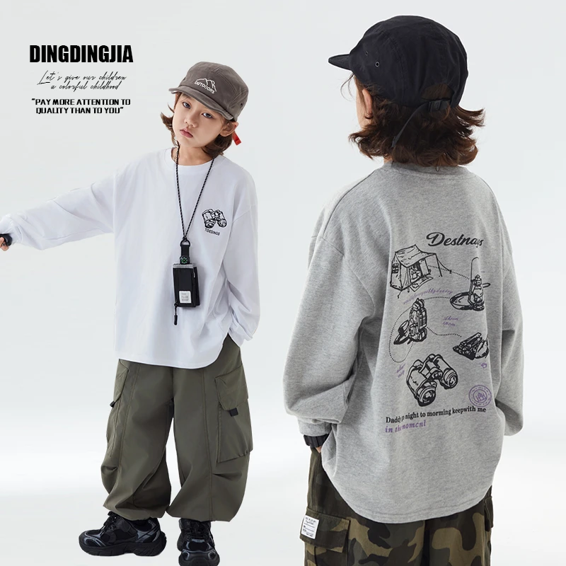 2024秋季儿童白色纯棉打底衫男童宽松长袖t恤中大童宝宝上衣24348