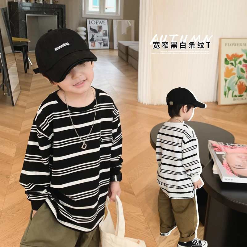 叮叮家秋新款童装儿童条纹长袖男童男孩洋气百搭休闲T恤上衣22262