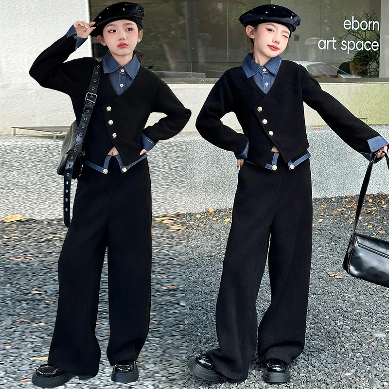 女童假两件衬衫套装春秋2024新款儿童洋气时髦早秋女孩女大童秋装