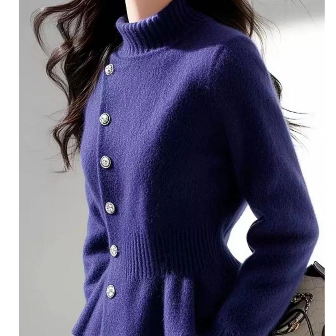 今年流行独特漂亮慵懒高级感超好看蓝色高领毛衣女款2024新款冬季