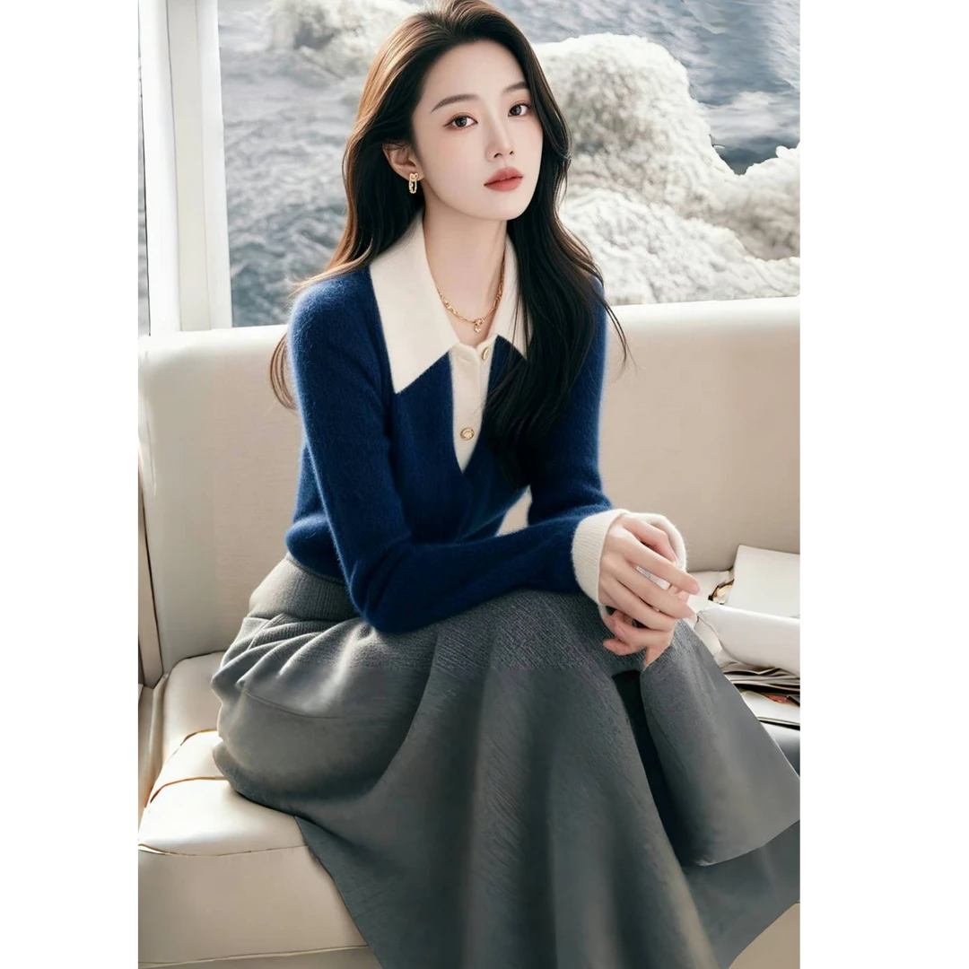 蓝色假两件毛衣女款2024冬季高级设计感超好看加厚内搭针织衫上衣