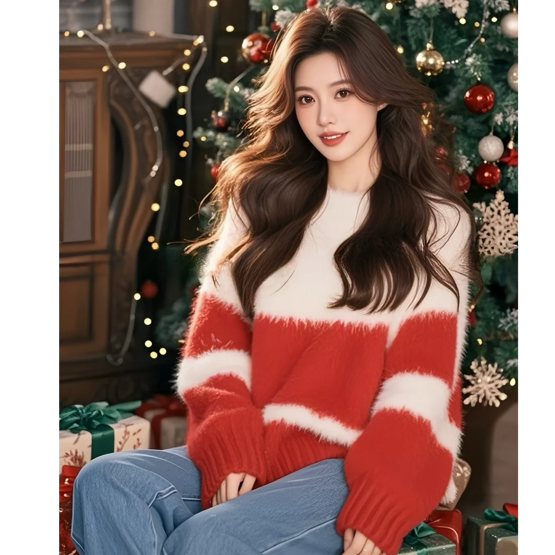 高级感超好看的红白撞色洋气毛衣女秋冬新款韩系宽松厚实针织衫