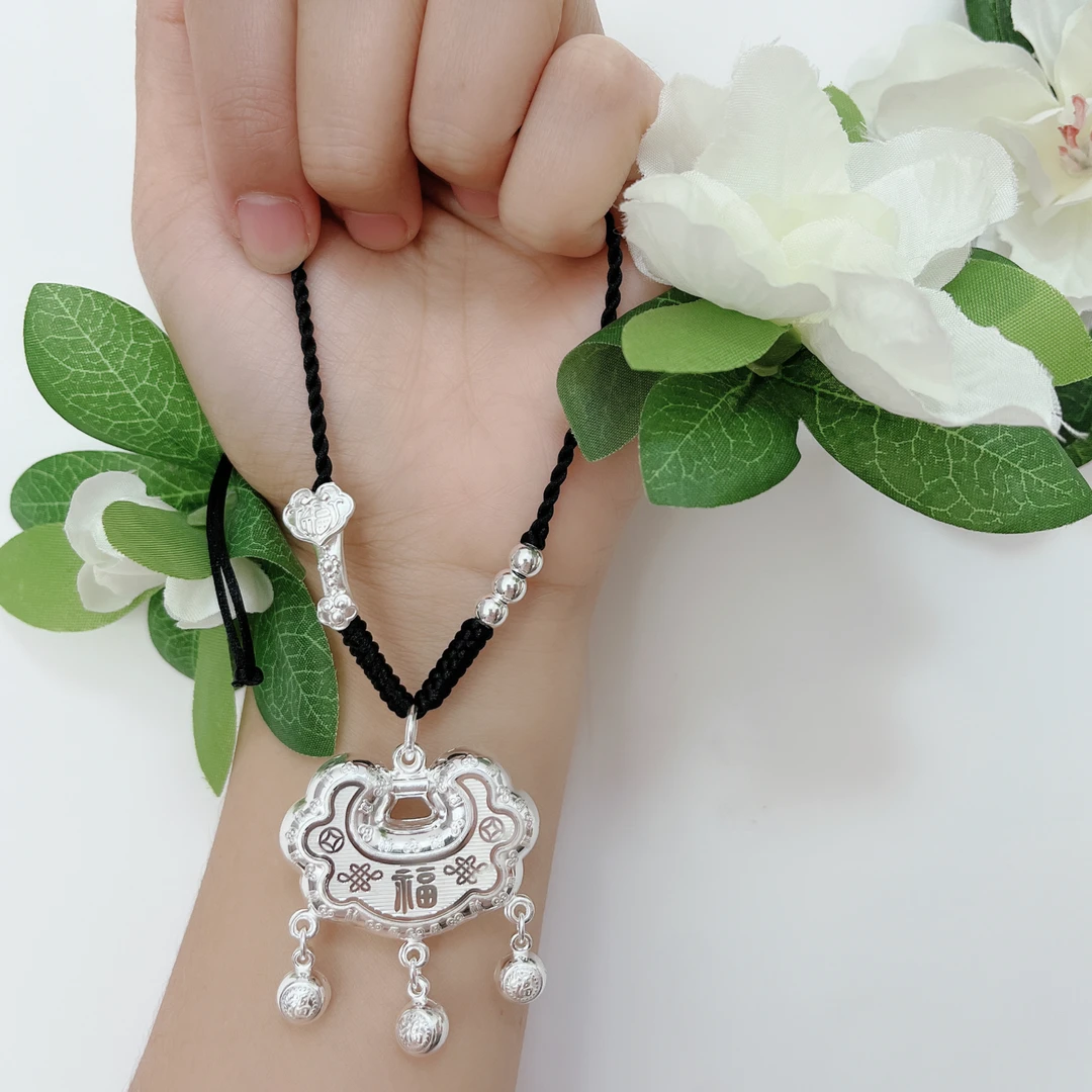 吊坠足银 足银999平安锁福字长命锁宝宝周岁成人银锁