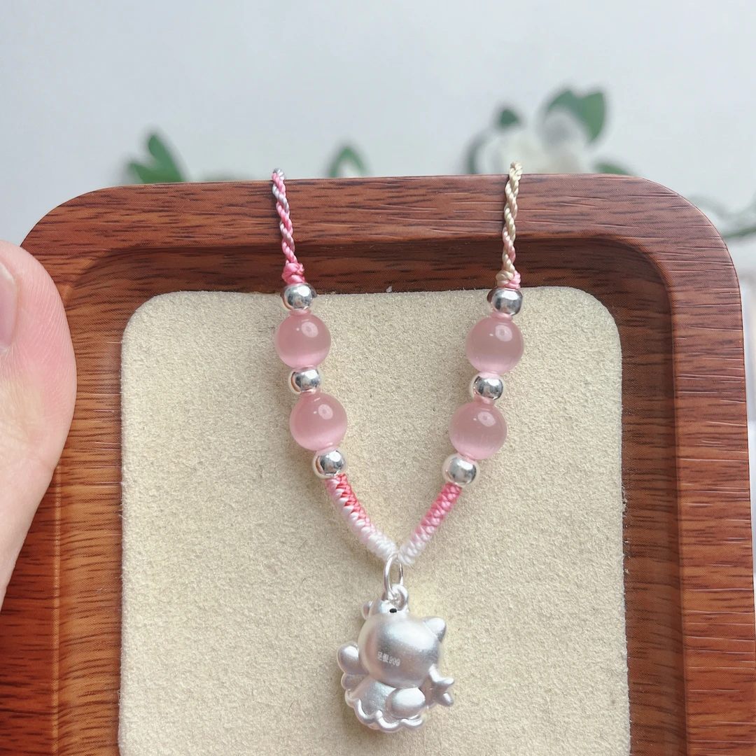 吊坠足银 足银999helloKitty魔法棒项链女kt猫吊坠纯银手工编织绳