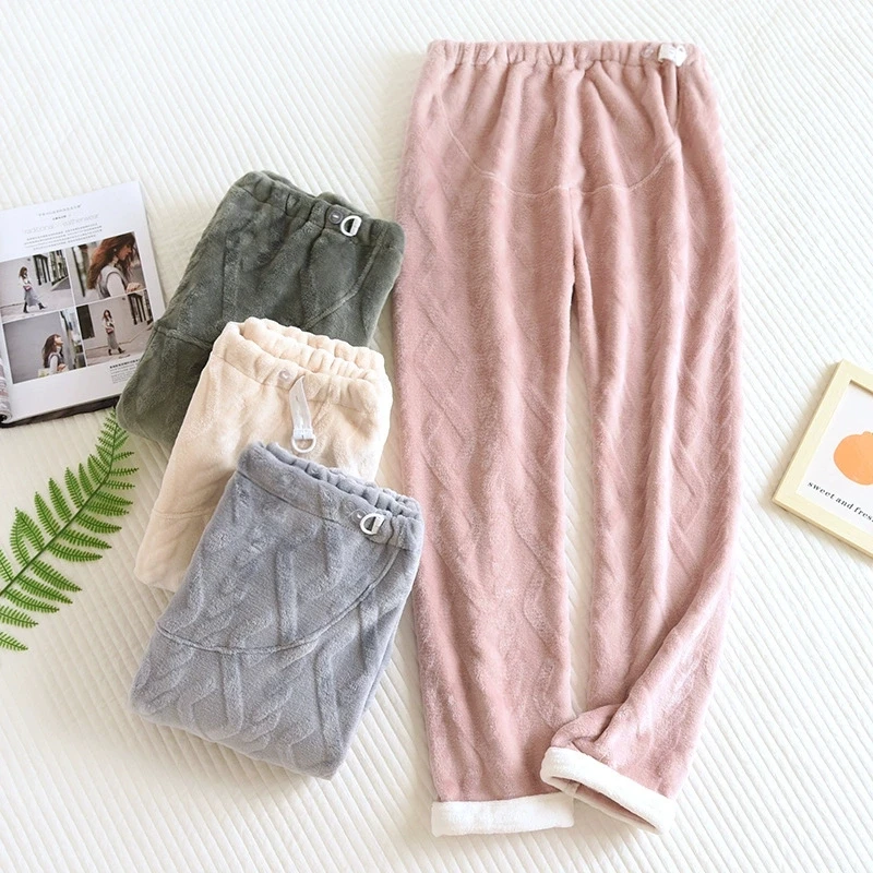 孕妇暖暖睡裤秋冬季大码珊瑚绒可调节托腹家居裤加厚保暖女士长裤