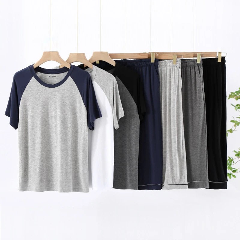 睡衣男士冰丝莫代尔薄款弹力夏季圆领短袖七分裤大码休闲家居服套