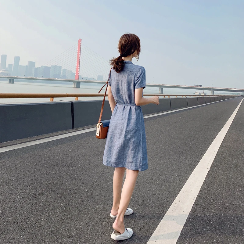 亚麻连衣裙女夏2024年新款收腰显瘦气质高端中长款棉麻衬衫A字裙