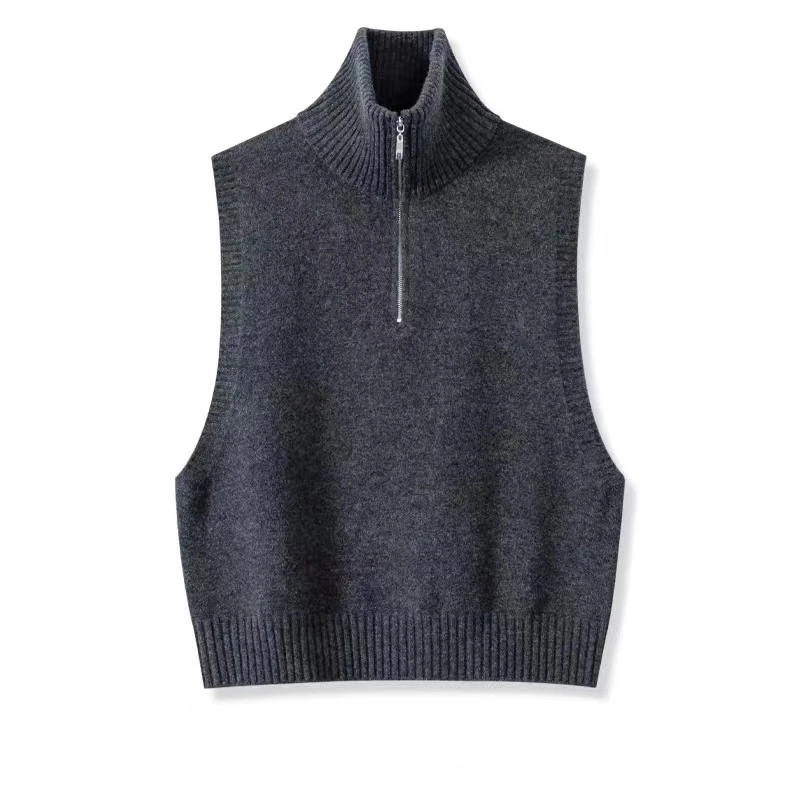 纯羊毛马甲新款欧货高端别致设计高级感高领拉链针织马甲休闲百搭