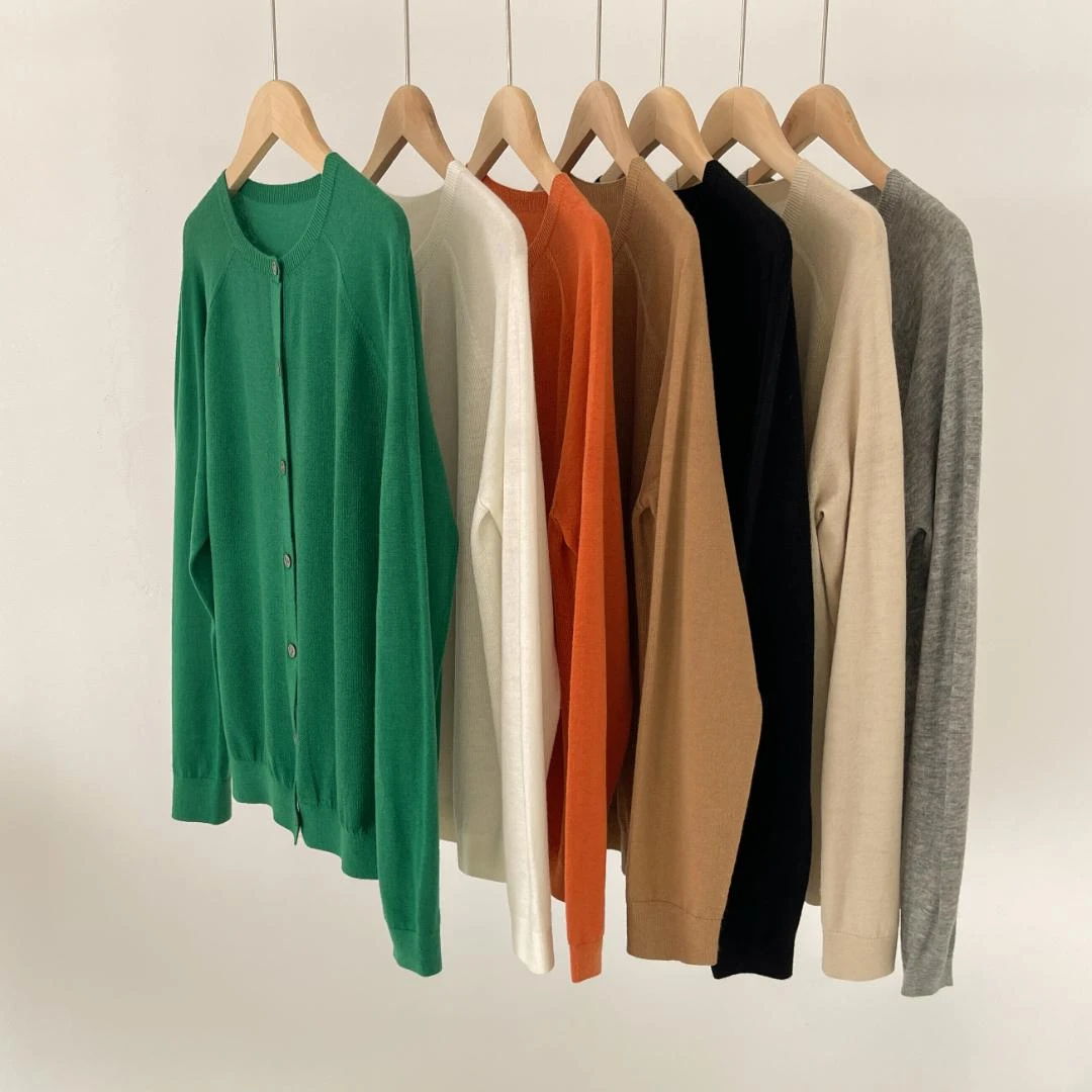 可机洗一线成衣精纺羊毛开衫薄款空调防晒气质宽松圆领长袖针织衫