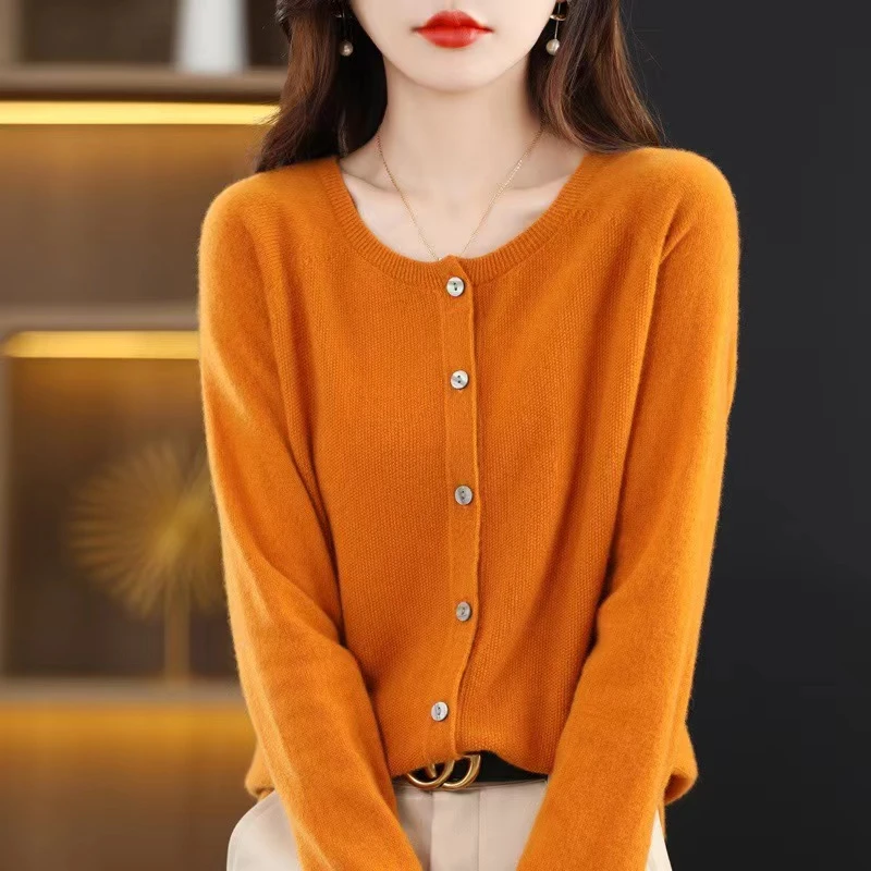 春秋新款一线成衣纯羊毛圆领开衫女宽松桂花针针织外套外搭女上衣