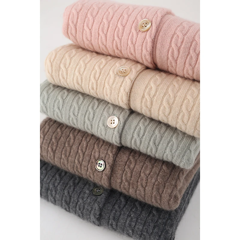 Chao减龄！羊毛开衫~圆领麻花秋季新款短款外套女纯色针织打底上衣