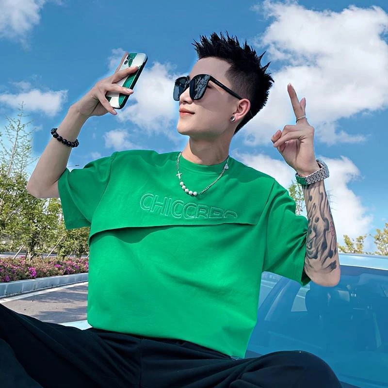 2024新款假两件中袖潮牌设计感T恤男士短袖宽松T恤夏季上衣半截袖