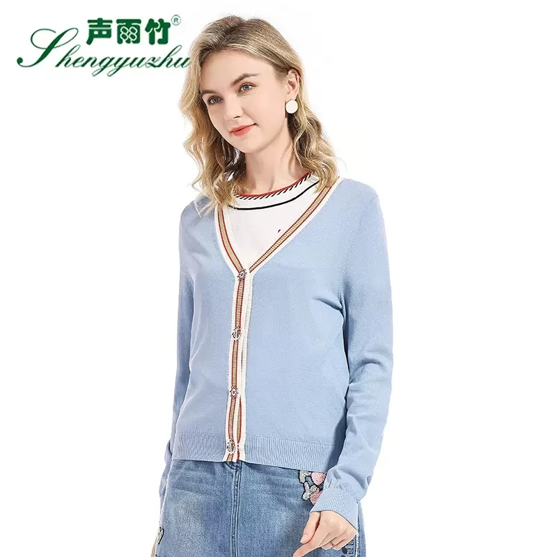 Shengyuzhu/声雨竹夏季新款针织衫短款九分袖街头时尚纯色百搭薄