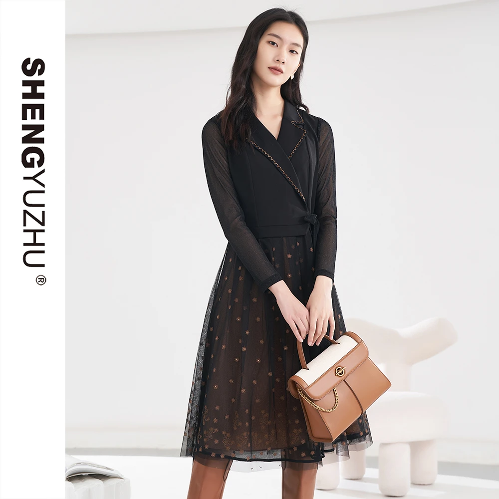 Shengyuzhu/声雨竹新款气质优雅法式时尚显瘦长袖黑色连衣裙