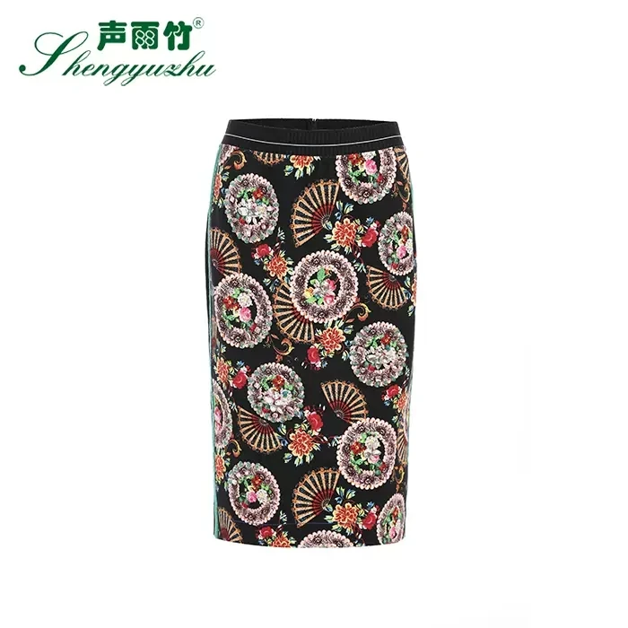 Shengyuzhu/声雨竹新款半身裙女修身显瘦中腰复古印花包臀短裙