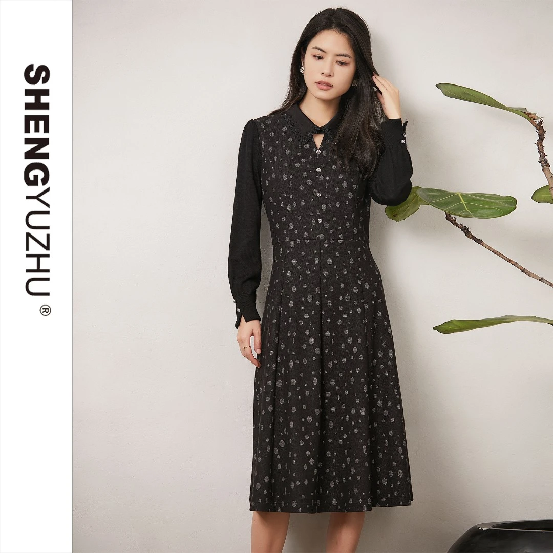 Shengyuzhu/声雨竹2022秋冬新品优雅系列气质长袖收腰修身连衣裙