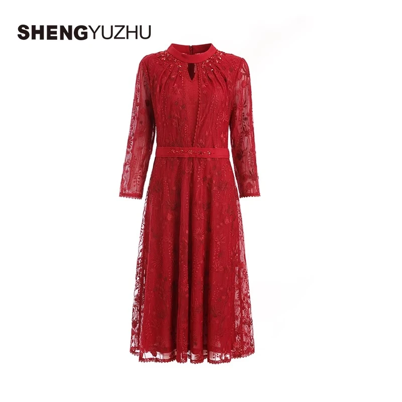 Shengyuzhu/声雨竹连衣裙女商场同款立领长款A字裙气质显瘦蕾丝