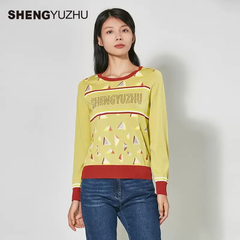 Shengyuzhu/声雨竹24年春夏新款针织衫女士长袖套头圆领时尚上衣