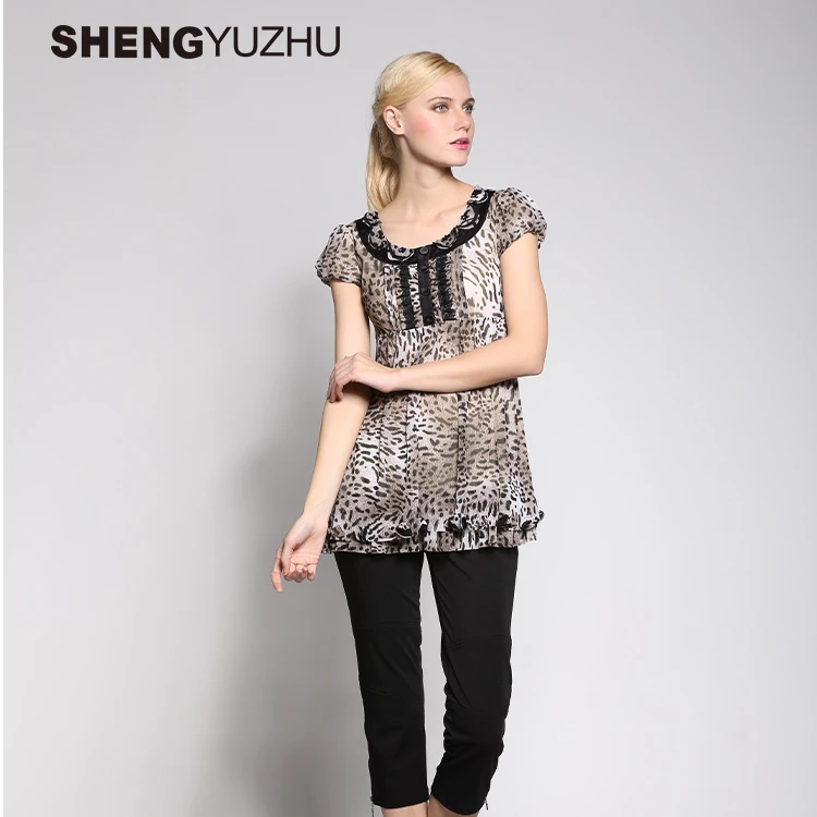 Shengyuzhu/声雨竹显瘦上衣女薄款圆领网纱印花收腰过臀透气拼接