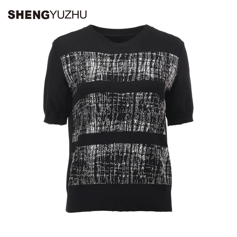 Shengyuzhu/声雨竹T恤女士小衫打底高贵黑色气质修身显瘦薄款上衣