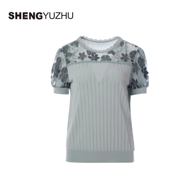 Shengyuzhu/声雨竹针织衫蓝色女时尚气质纯色薄款拼接上衣百搭
