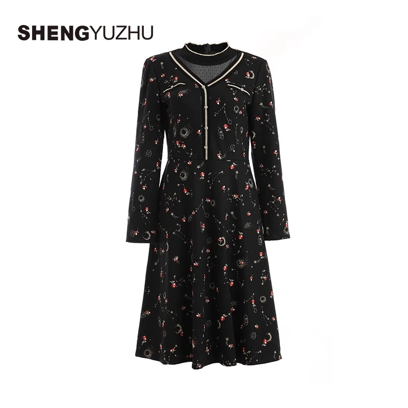 Shengyuzhu/声雨竹连衣裙长袖立领碎花中长款A字裙女气质显瘦轻奢