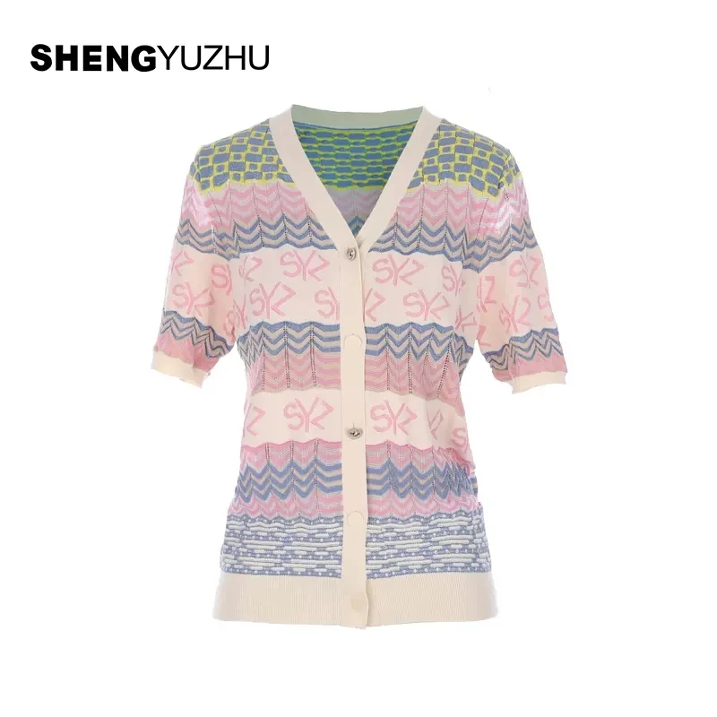 Shengyuzhu/声雨竹夏季新款针织开衫撞色条纹上衣