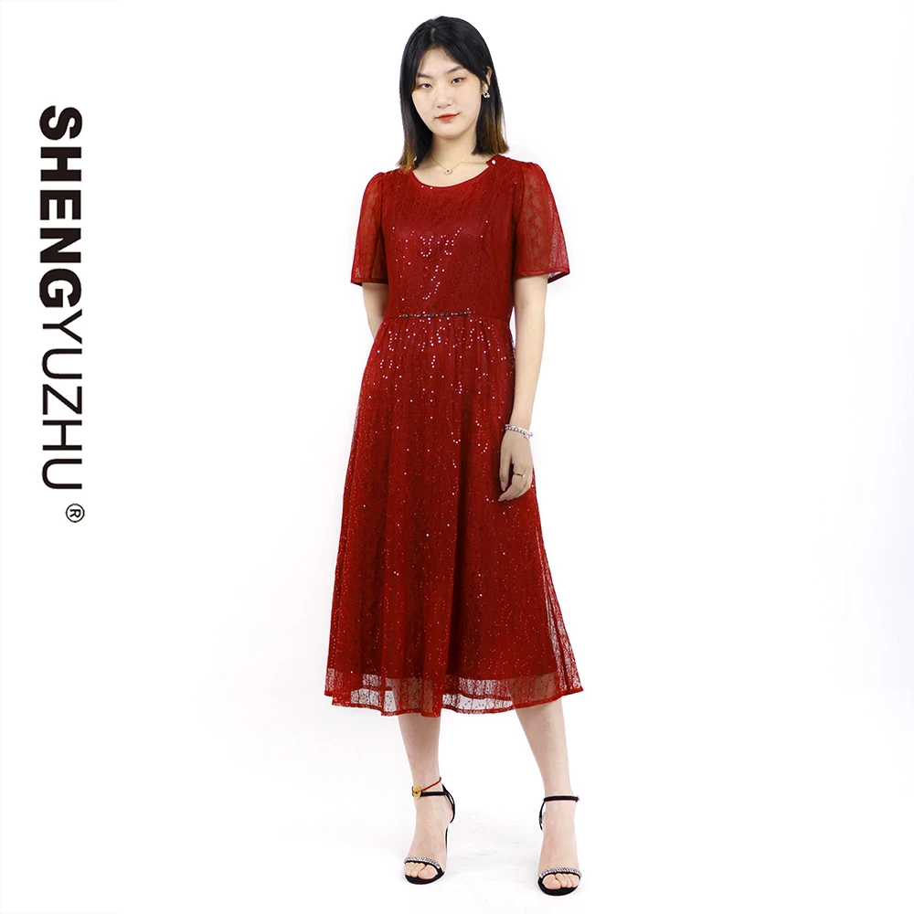 Shengyuzhu/声雨竹优雅系列节庆酒红色蕾丝亮片奢华感连衣裙