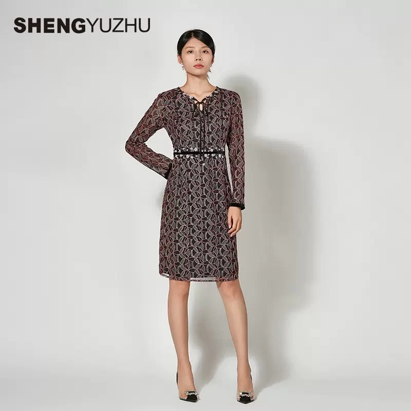 Shengyuzhu/声雨竹2025年秋冬新款连衣裙女商场同款长袖V领中裙女