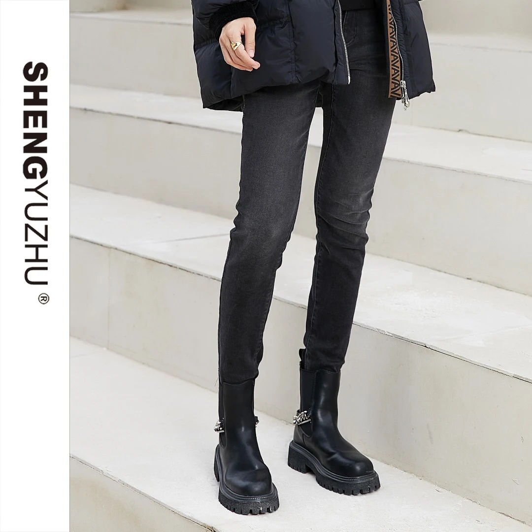 Shengyuzhu/声雨竹2022秋冬新品个性系列修身铅笔裤外穿牛仔裤女