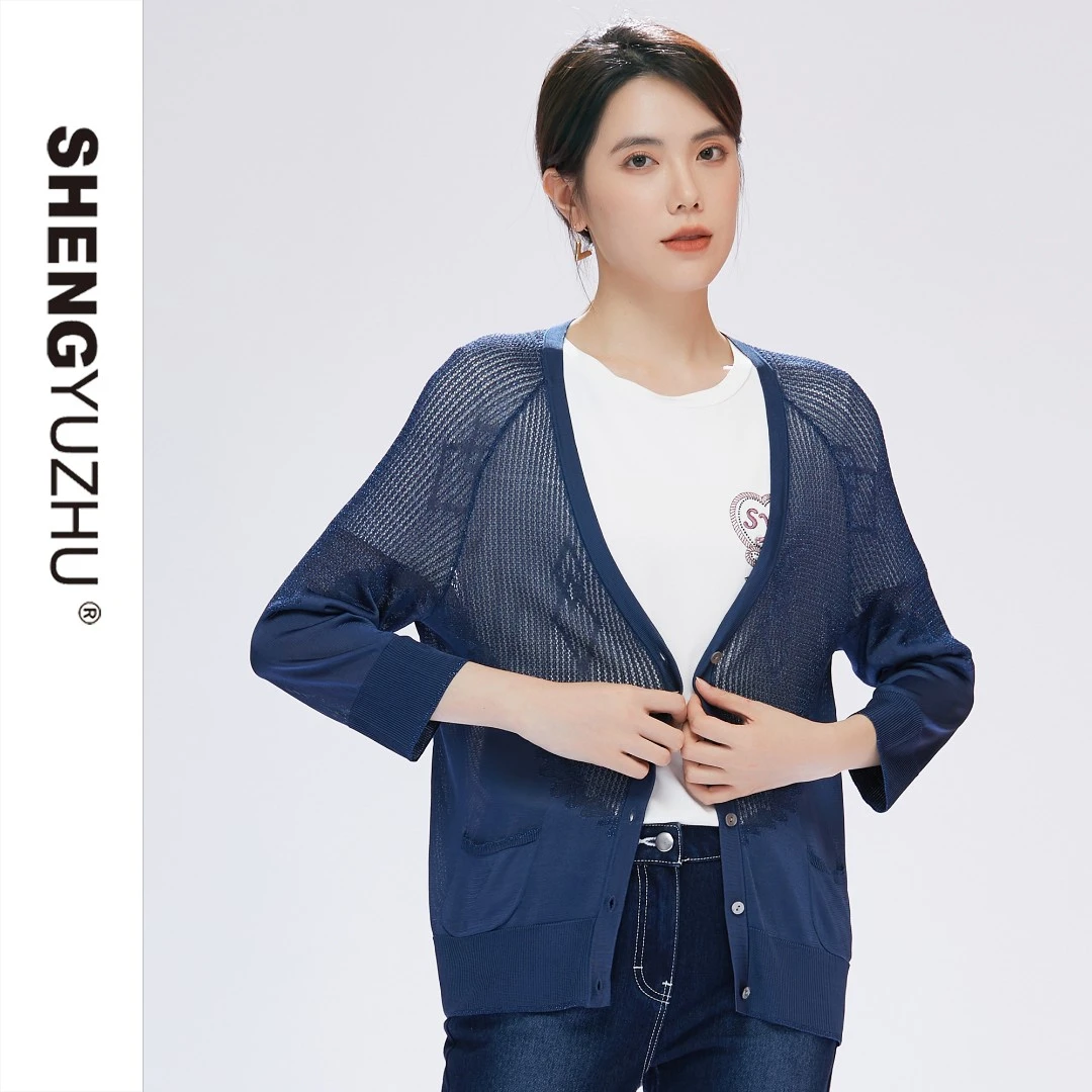 Shengyuzhu/声雨竹春季新款针织衫女休闲长袖薄款纯色百搭上衣