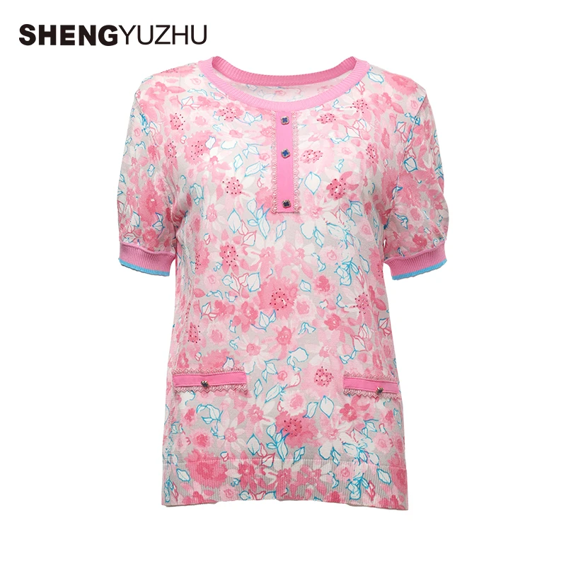 Shengyuzhu/声雨竹T恤女小衫打底高贵气质修身显瘦薄款碎花上衣